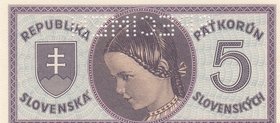Slovakia, 5 Korun, 1945, UNC, p8a, SPECIMEN
serial number: D 026, SPECIMEN with Perforated, Portrait of Young Girl
Estimate: $ 20-40