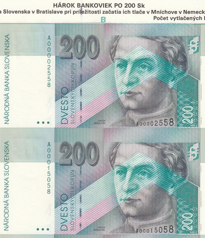 Slovakia, 200 Korun, 1995, UNC, p26, (Total 2 UNCUTTED Banknotes)
serial number...