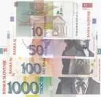 Slovenia, 10 Tolarjev, 50 Tolarjev, 100 Tolarjev and 1000 Tolarjev, UNC/ UNC/ XF/ UNC, p11a/ p13a/ p14a/ p22a, (Total 4 Banknotes)
serial numbers: SG...