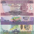 Solomon Islands, 10 Dollars, 20 Dollars and 50 Dollars, 2006/ 2006/ 2004, UNC, p27/ p28/ p29, ( Total 3 Banknotes)
serial numbers: C4 504980, AI 1879...