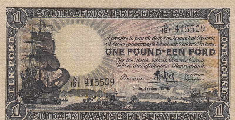 South Africa Republic, 1 Pound, 1946, UNC, p84f
serial number: A161 415509, Sig...