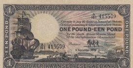 South Africa Republic, 1 Pound, 1946, UNC, p84f
serial number: A161 415509, Signature Dr.M.H. de Kock, Figure of Sailing Ship
Estimate: $ 150-200