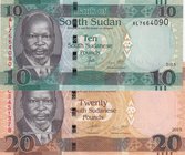 South Sudan, 10 Pounds and 20 Pounds, 2015, UNC, p12/ p13, (Total 2 Banknotes)
serial numbers: AL7664090 and AC3451378, Portrait of John Garang de Ma...