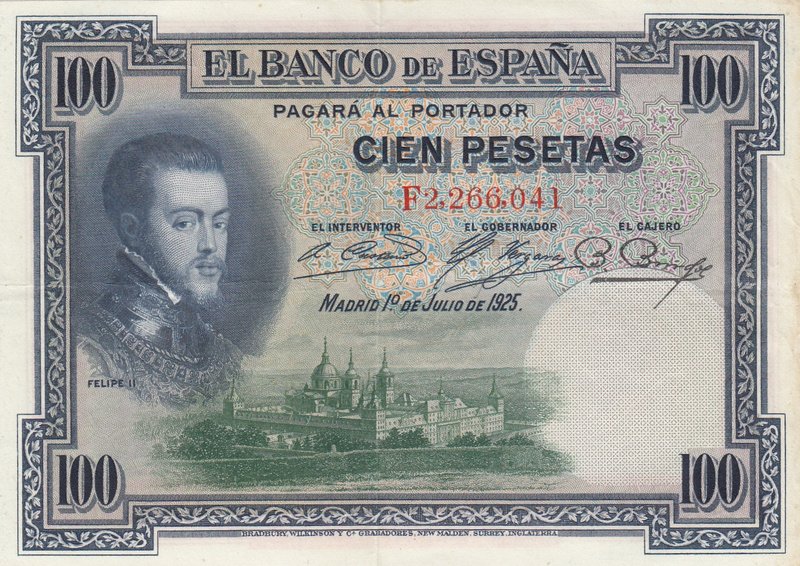 Spain, 100 Pesetas, 1925, AUNC (-), p69
serial number: F2 266041
Estimate: $ 2...