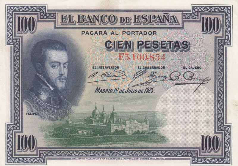 Spain, 100 Pesetas, 1925, AUNC, p69a
serial number: F3.100.854, F Series, Portr...