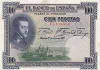 Spain, 100 Pesetas, 1925, AUNC, p69a
serial number: F3.100.854, F Series, Portrait of Felipe II
Estimate: $ 10-20