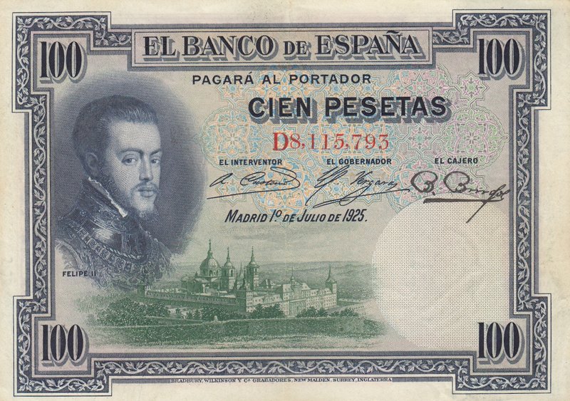 Spain, 100 Pesetas, 1925, XF, p69a
serial number: D8,115,793, D Series, Portrai...