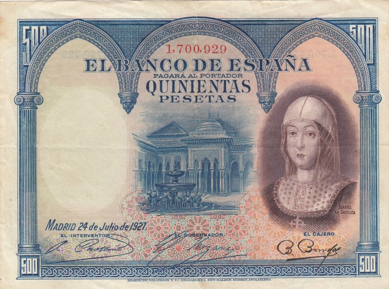 Spain, 500 Pesetas, 1927, VF, p73c
serial number: 1.700.929, Portrait of Isabel...