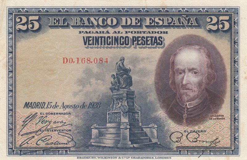 Spain, 25 Pesetas, 1928, AUNC, p74b
serial number: D0,168,084, D Series, Monume...