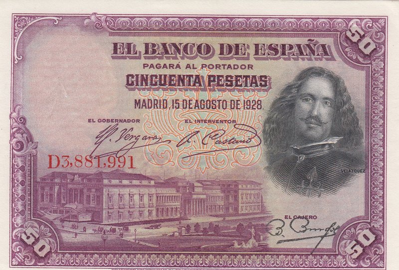 Spain, 50 Pesetas, 1928, XF, p75b
serial number: D3,881,991, Portrait of Diego ...