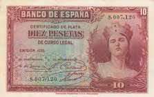 Spain, 10 Pesetas, 1935, UNC, p86a
serial number: 8,007,120, Figure of Women
Estimate: $ 20-40