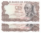 Spain, 100 Pesetas, 1970, UNC, p152a, (Total 2 Consecutive Banknotes)
serial numbers: 7U7114048 and 7U7114049, Portrait of Manuel De Falla
Estimate:...