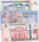 Suriname, 5 Guldens and 5 Guldens and 5 Dollars, 1998/ 2000/ 2010, UNC, p136b/ p146/ p162a, (Total 3 Banknotes)
serial numbers: AH381027, AL999416 an...