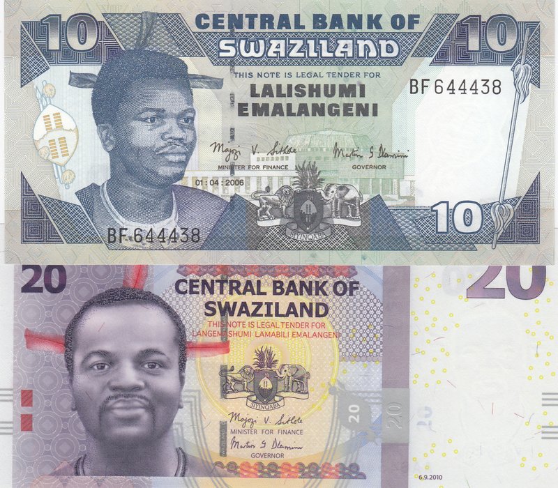 Swaziland, 10 Emalangenis and 20 Emalangenis, 2006/ 2010, UNC, p29c/ p37a, (Tota...