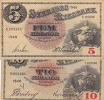 Sweden, 5 Kronor and 10 Kronor, 1940 / 1946, VF (+), p33ac / p34w, (Total 2 banknotes)
serial number: E.553294 and T.855290
Estimate: $ 5-10