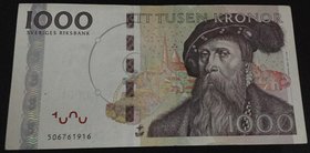 Sweden, 1000 Kronor, 1989-1992, XF (+), p67
serial number: 506761916, Portrait of King Gustav Vasa, Wide Foil Hologram
Estimate: $ 60-80