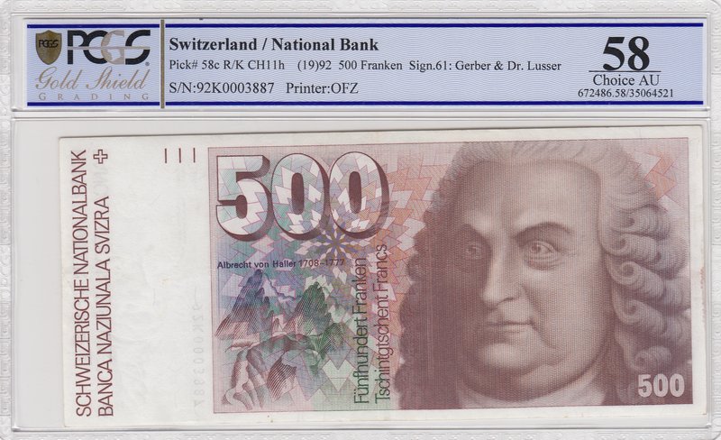 Switzerland, 500 Franken, 1992, AUNC, p58c
PCGS 58, serial number: 92K0003887, ...