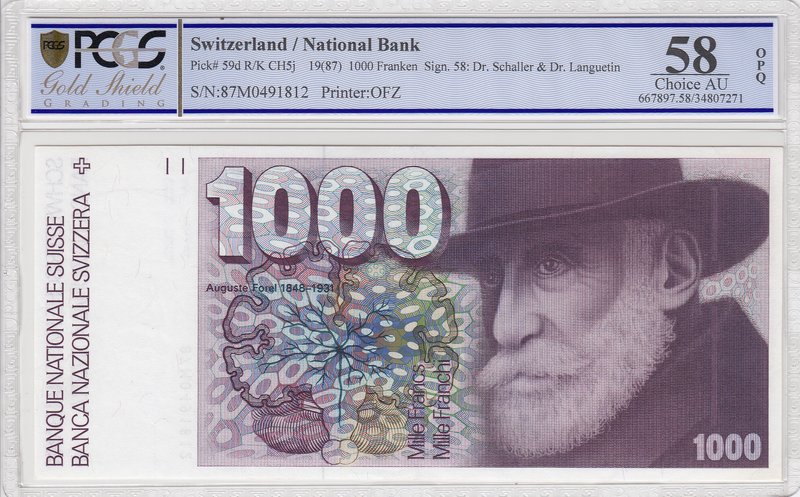 Switzerland, 1000 Franken, 1987, AUNC, p59d
PCGS 58 OPQ, serial number: 87M0491...