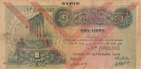 Syria, 1 Livre, 1939, FINE (+), p40
serial number: J/AT 000583
Estimate: $ 50-100