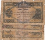 Syria, 5 Livres, 1939, POOR, p41, (Total 3 banknotes)
Banque De Syrie et Du Liban, Full set
Estimate: $ 75-150