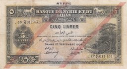 Syrie, 5 Livres, 1939, FINE, p41
serial number: K/O 011.431, Cedar at Right
Estimate: $ 40-60
