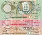Tonga, 1 Pa'anga, 2 Pa'anga ve 20 Pa'anga, 1995, UNC, p31a/ p32b/ p35a, (Total 3 Banknotes)
serial numbers: C2 265321, C2 811633 and C1 903395, Signa...