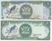 Trinidad and Tobago, 5 Dollars and 5 Dollars, 1985/ 2002, UNC, p37a/ p42b, (Total 2 Banknotes)
serial number: AA876191 ve AM510413, Signature 4 (for ...