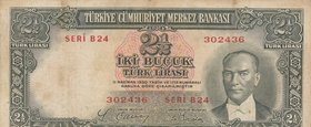 Turkey, 2 1/2 Lira, 1939, FINE, p126, 2/1. Emission
serial number: B24 302436, a portrait of Turkey's founder Mustafa Kemal Ataturk
Estimate: $ 30-6...