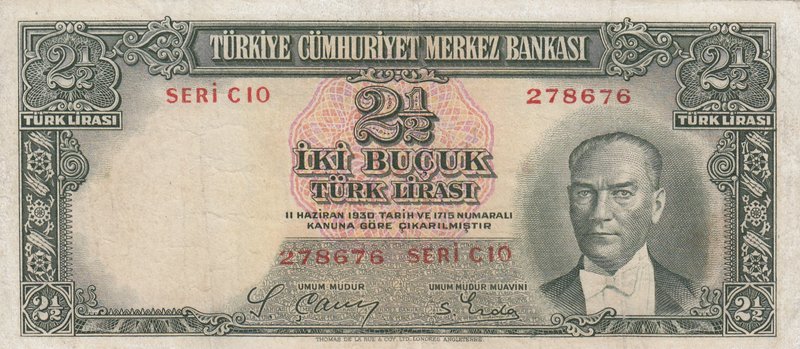 Turkey, 2 1/2 Lira, 1939, FINE, p126, 2/1. Emission
serial number: C10 278676, ...