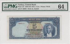 Turkey, 5 Lira, 1937, UNC, p127, 2/1. Emission
PMG 64, serial number: F1 30889, a portrait of Turkey's founder Mustafa Kemal Ataturk
Estimate: $ 500...