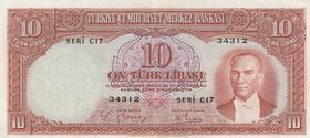 Turkey, 10 Lira, 1938, XF, p128, 2/1. Emission
serial number: B17 44153, İsmet İnönü portrait at right, very lightly pressed
Estimate: $ 200-400