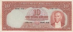 Turkey, 10 Lira, 1938, XF, p128, 2/1. Emission
serial number: E13 18132, İsmet İnönü portrait at right, pressed
Estimate: $ 150-300
