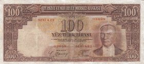 Turkey, 100 Lira, 1938, POOR, p130, 2/1. Emission
serial number: A23 03638, a portrait of Turkey's founder Mustafa Kemal Ataturk.
Estimate: $ 1000-2...