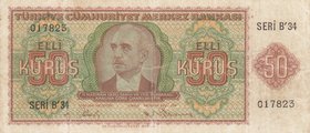 Turkey, 50 Kurush, 1944, FINE, p134, 2/1. Emission
serial number: B34 017823, İsmet İnönü portrait at right. Pressed.
Estimate: $ 25-50