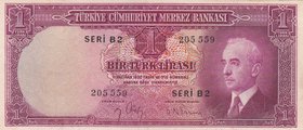 Turkey, 1 Lira, 1942, XF, p135, 2/1. Emission
serial number: B2 205559, İsmet İnönü portrait at right. Pressed.
Estimate: $ 50-100