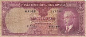 Turkey, 1 Lira, 1942, POOR, p135, 2/1. Emission
serial number: B9 313390, İsmet İnönü portrait at right
Estimate: $ 5-10