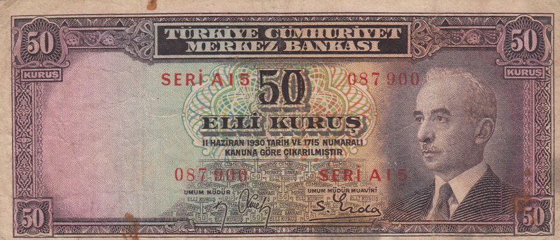 Turkey, 50 Kurush, 1942-1944, POOR, p133
serial number: A15 087900, İsmet İnönü...