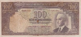 Turkey, 100 Lira, 1942-1944, POOR, 2/1. Emission
serial number: F23 04159, İsmet İnönü portrait at right, repaired.
Estimate: $ 750-1500