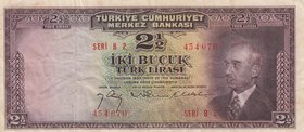 Turkey, 2 1/2 Lira, 1947, VF, p140, 3/1. Emission
serial number: B2 454070, natural, a portrait of Turkey's second president İsmet İnönü
Estimate: $...