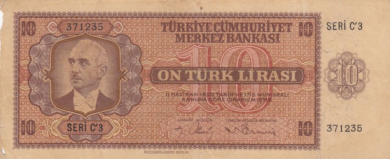 Turkey, 10 Lira, 1942, VF, p141, 3/1. Emission
serial number: C3 371235, İsmet ...