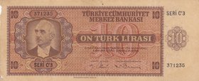 Turkey, 10 Lira, 1942, VF, p141, 3/1. Emission
serial number: C3 371235, İsmet İnönü portrait at left, natural
Estimate: $ 50-100