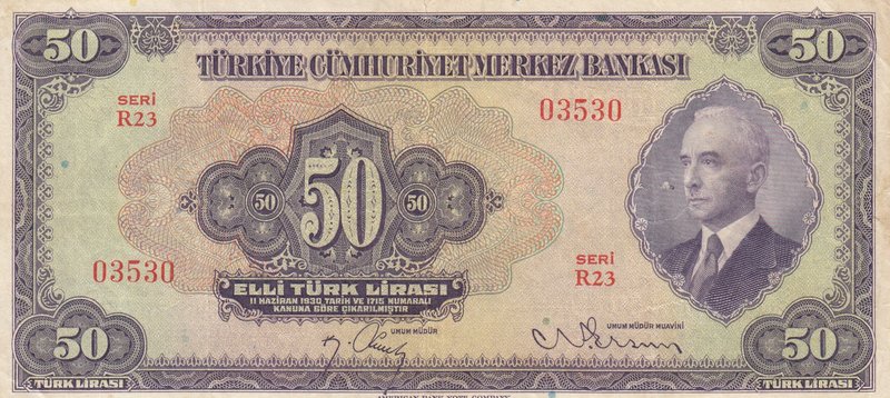 Turkey, 50 Lira, 1942, VF (+), p142, 3/1. Emission
serial number: R23 03530, İs...