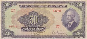 Turkey, 50 Lira, 1942, VF (+), p142, 3/1. Emission
serial number: R23 03530, İsmet İnönü portrait at right, natural
Estimate: $ 150-300