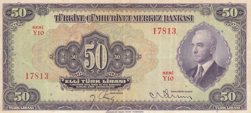 Turkey, 50 Lira, 1942, VF, p142, 3/1. Emission
serial number: Y10 17813, İsmet ...