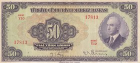 Turkey, 50 Lira, 1942, VF, p142, 3/1. Emission
serial number: Y10 17813, İsmet İnönü portrait at right, pressed
Estimate: $ 75-150