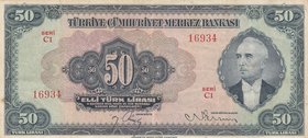 Turkey, 50 Lira, 1947, XF, p143, 3/2. Emission
serial number: C1 16934, İsmet İnönü portrait at right, natural
Estimate: $ 350-700
