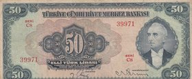 Turkey, 50 Lİra, 1947, VF (+), p143a, 3/2. Emission
serial number: B34 017823, İsmet İnönü portrait at right, natural
Estimate: $ 200-400