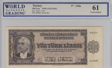 Turkey, 100 Lira, 1942, UNC, p144, 3/1. Emission
WBG 61, serial number: B4 019033, İsmet İnönü portrait at right.
Estimate: $ 2000-4000