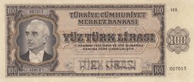Turkey, 100 Lira, 1942, AUNC, p144, ERROR
serial number: D1 007013, İsmet İnönü portreit at left, pressed
Estimate: $ 250-500