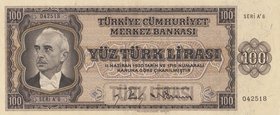 Turkey, 100 Lira, 1942, XF (+), p144, 3/1. Emission
serial number: A6 042518, İsmet İnönü portrait at right, natural
Estimate: $ 500-1000